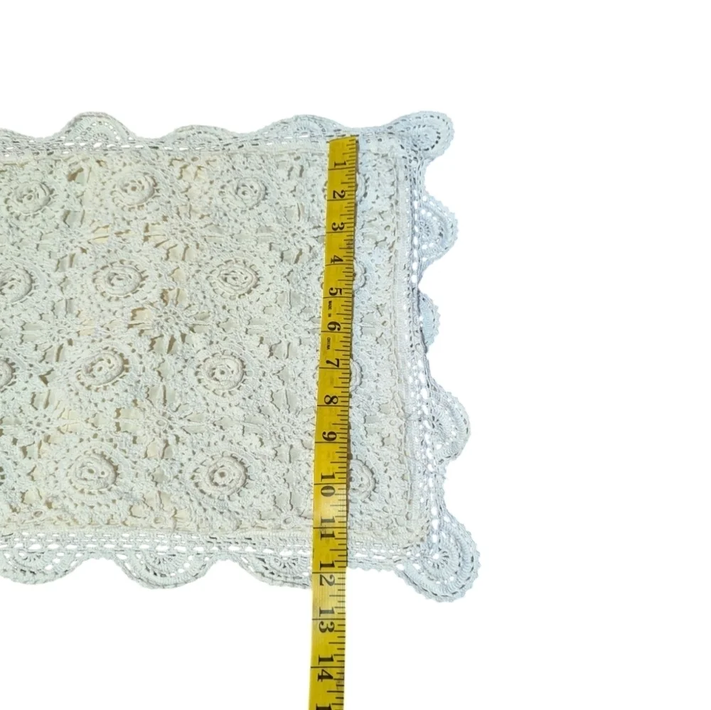 Pillow Sham Cream Crochet Lace and Rosette Overlay Cotton Ivory Retro Handmade